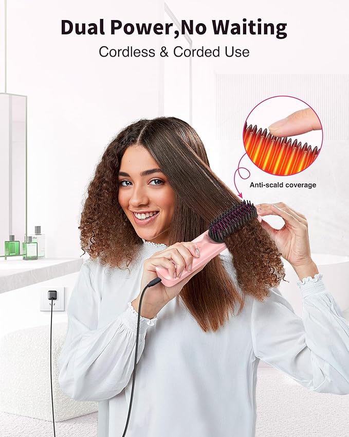 Cordless Hair Straightener Brush - Portable Hair Straightening Brush for Travel - 300M Negative Ions for Frizz-Free Shine, Touch Up On-The-Go, Fast Heating, Gift for Women, 10,000mAh, Powder Pink