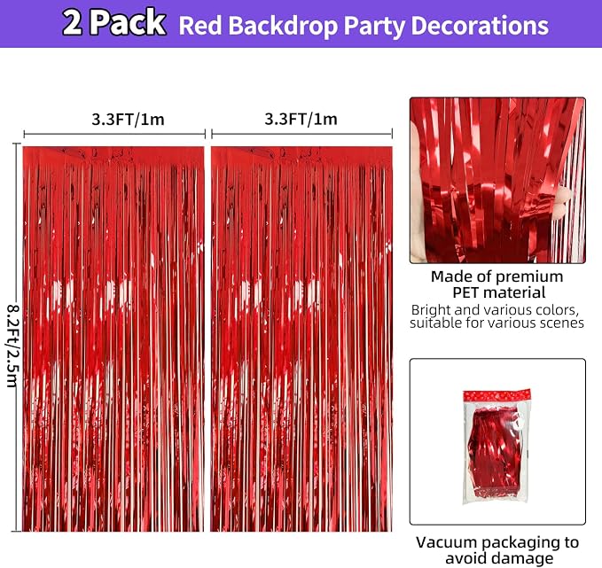 JINSUI Red Fringe Backdrop 3.3x8.2ft, 2 Pack Tinsel Curtains Party Decor | - Image 3