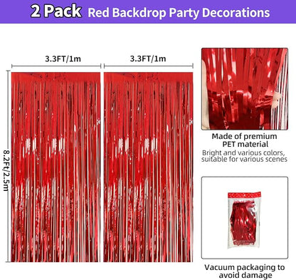 JINSUI Red Fringe Backdrop 3.3x8.2ft, 2 Pack Tinsel Curtains Party Decor | - Image 3