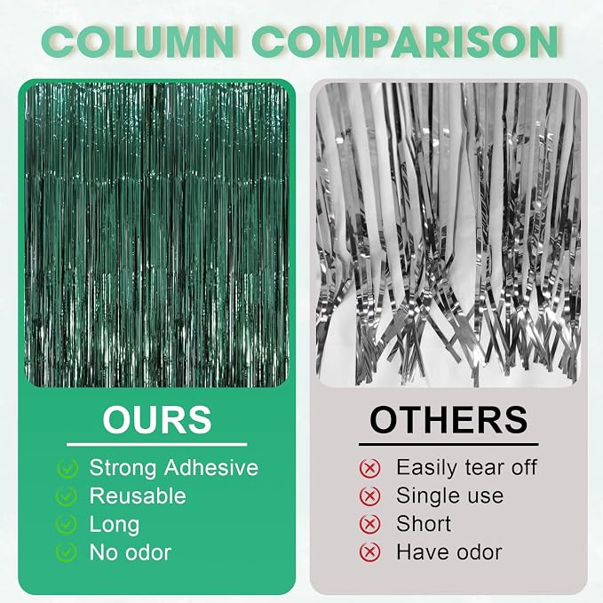 Voircoloria 3 Pack 3.3 x 8.2 ft Retro Green Foil Fringe Backdrop Curtains - Image 3