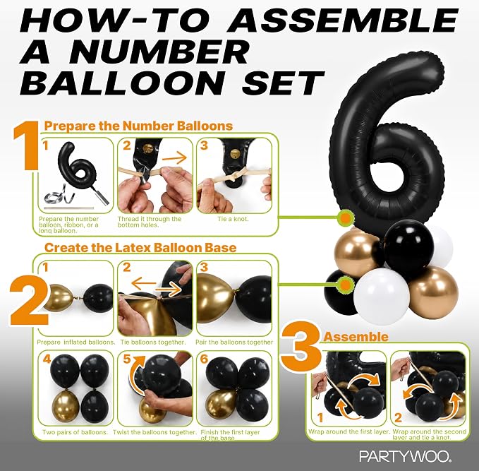 PartyWoo Number Balloons 40 Inch Black Number 6 Kit 25pcs - Image 7
