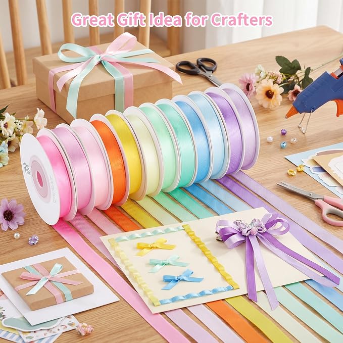 woric 120 Yards Rainbow Ribbon 12 Colors 3/8" x 10 Yards/Roll | Colorful Satin - Image 7