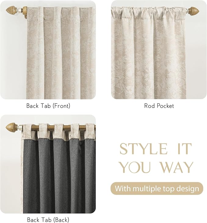 Beauoop Beige Floral Jacquard Blackout Curtains - Image 5