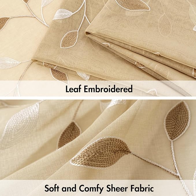 MIULEE Khaki Sheer Curtains 2 Panels Embroidered Leaf Patterned, W52 x L63 | - Image 4