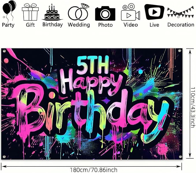 HOMETITUTE Happy 5th Birthday Backdrop Banner 71x43 Inch | 5th Birthday - Image 3