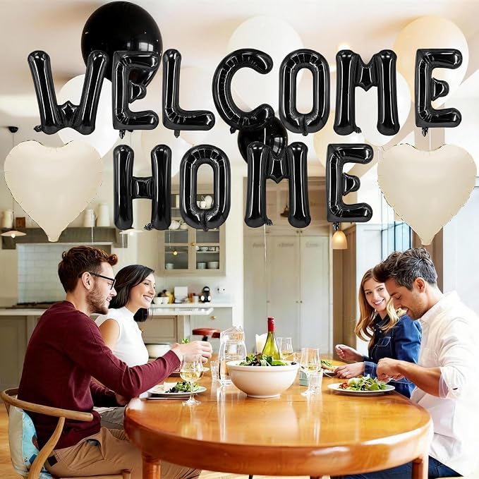 Welcome Home Balloons Cream White Black, 16Inch Welcome Home Foil Balloons - Image 6