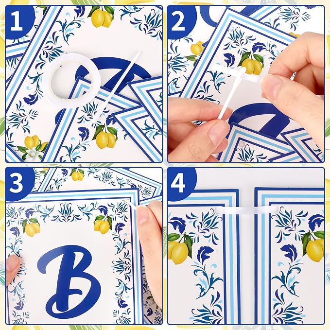 Lemon Happy Birthday Banner Blue Tiles Lemon Party Banner Triangle Flags Sign - Image 3