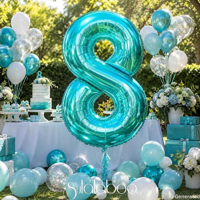 40 Inch Big Teal Blue Number 8 Foil 0-9 Mylar Helium Balloons | Large Digital - Image 2