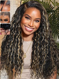 KLAIYI Ombre Highlight Blonde Water Wave Glueless Pre Everything 13x4 Lace Front Wigs Human Hair Drawstring Pre Plucked Pre Bleached Bye Bye Knots Curly Wig with Dark Roots Ready to Wear and Go 16Inch