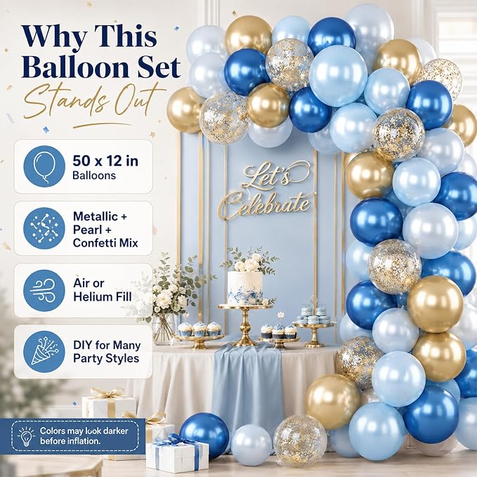 Blue and Gold Balloon, 50 Packs 12 Inch Metallic Blue Pearl Double Stuffed Blue - Image 2