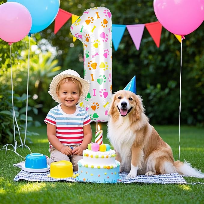 40 Inch Multi-color Dog Paw Birthday Balloons, Numeral 1 Birthday Balloons - Image 7