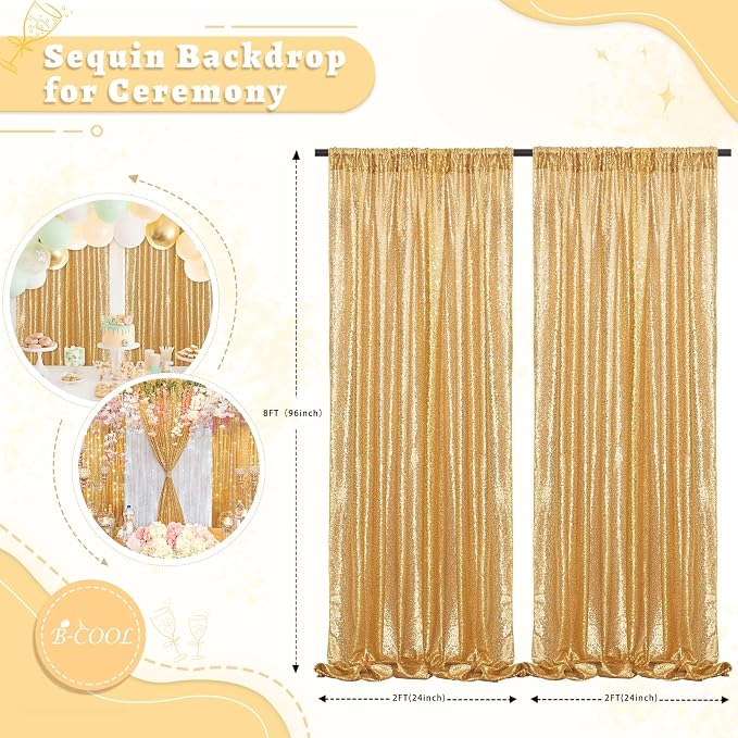 Gold Sequin Backdrop Curtains Party Photo Glitter Drapes 2 Pcs 2FTx8FT | - Image 4