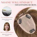 Hairro Human Hair Toppers with Wispy Bangs, 3.5x4.7" Hand-wovened Base for Women with Thinning Hair, Lightweight & Breathable Realistic Scalp, Clip-in Hairpieces for Easy Wear, 16 Inch Medium Brown