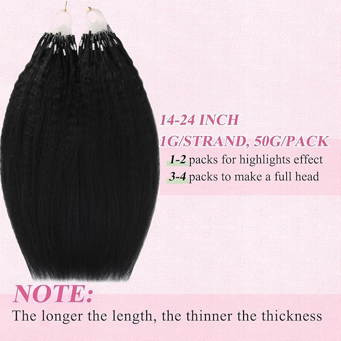 YoungSee Micro Beads Hair Extensions Human Hair Kinky Straight 22 Inch Black Microbead Hair Extensions Human Hair Black 50g Beaded Hair Extension Yaki 50s Invisible Microloop Remy Hair