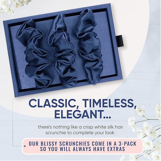 Blissy Silk Scrunchies (3 Pack) - 100% Pure Mulberry Silk - 22 Momme 6A High-Grade Fibers Scrunchie for Straight & Curly Hair - Preventing Breakage, Tangling, & Creasing (Blue Skinny)