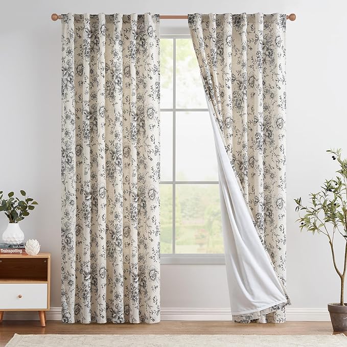 jinchan Black Floral Linen Curtains Lined 90 Inch Vintage Back Tab 2 Panels | by JINCHAN