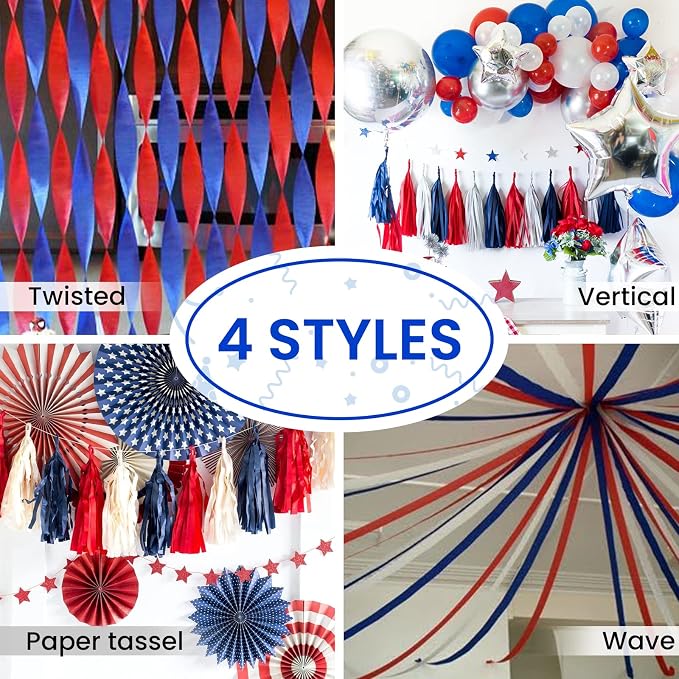 PartyWoo Red White and Blue Silver Crepe Paper Streamers 6pcs 492 FT | - Image 6