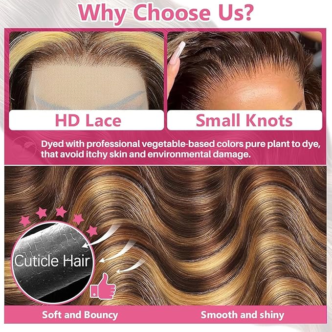 30 Inch 13x6 Lace Front Wigs Human Hair 200 Density P4/27 Highlight Ombre Body Wave HD Lace Front Wigs Human Hair Pre Plucked
