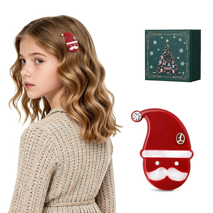 Premium Christmas Hair Clips for Women, Small Cute Acetate Hair Duckbill Clips for Girls, Kids Hair Accessories for Girls with Gift Box-SANTA SMILES