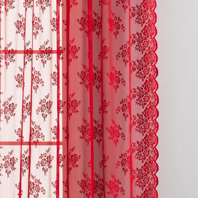 Kotile Red Lace Curtains for Living Room Rustic Floral 52x84 Inch, 2 Panels | - Image 3