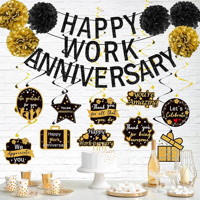 Happy Work Anniversary Decorations Black Gold, Happy Anniversary Banner - Image 5