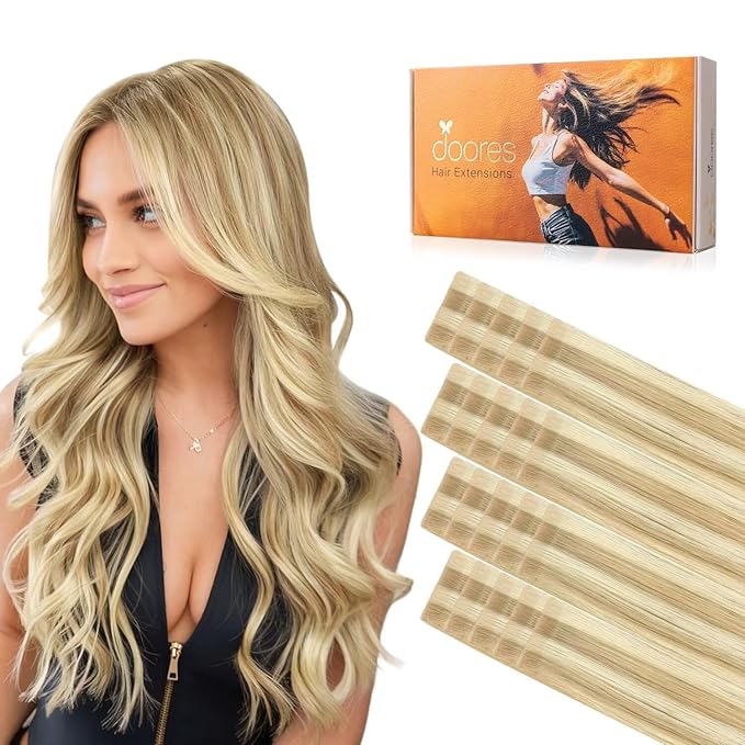 DOORES Invisi Edge Human Hair Extensions Tape in, Light Blonde Highlighted Golden Blonde 10 Injection Tape-ins with 10 Injection Tape-ins 50g 20 Inch, Injected Tape in Virgin Human Hair