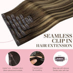GOO GOO Clip in Hair Extensions Real Human Hair, Remy Human Hair Extensions Clip ins for Women, Natural Human Hair, 24inch 120g 7Pcs, 4/27/4 Balayage Chocolate Brown to Caramel Blonde