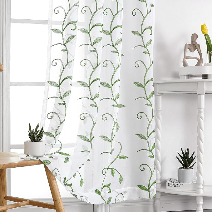 White Sheer Curtains Green Embroidered Leaves 2 Panels 54Wx108L | Light - Image 7