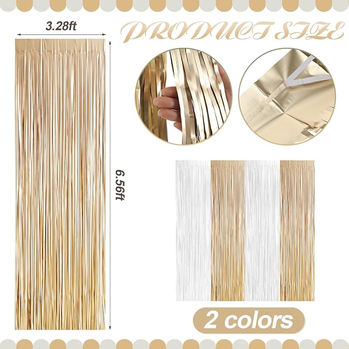 Frienda 4pcs White and Gold Party Decorations 6.6ft Fringe Curtains Decorations - Image 2