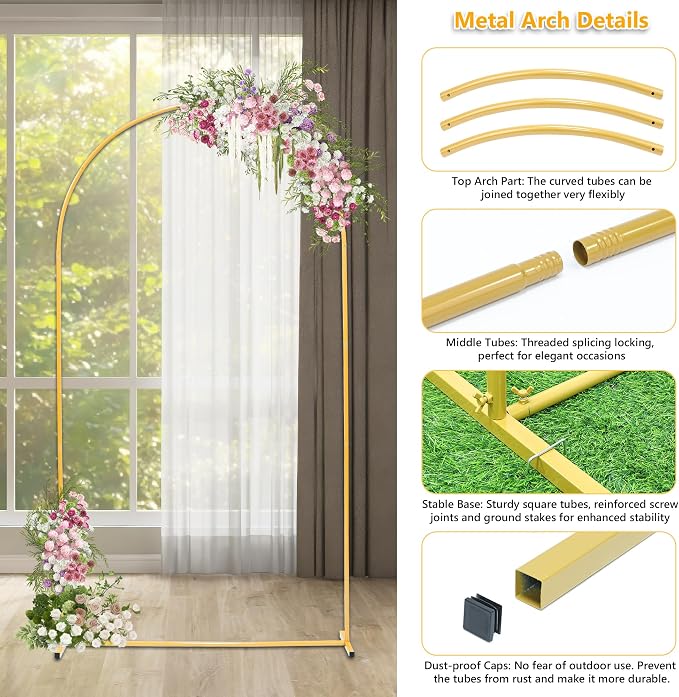 Toodour Arch Backdrop Stand 7.2FT, 6FT Set of 2 Gold Metal Wedding Balloon Arch - Image 7