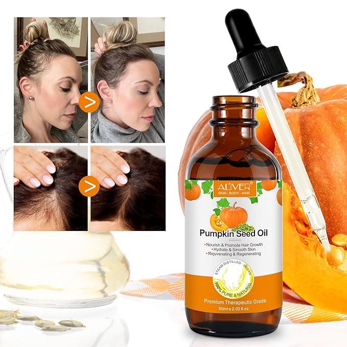 Pumpkin Seed Oil, Pumpkin Seed Essential Oil for Hair Growth & Dry Damaged Hair, Strengthen Hair Thickness, Nourish Hair scalp, Moisturizer Serum for Skin, Face & Body, 2.02 Fl Oz