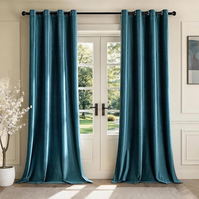BULBUL Velvet Peacock Blue Blackout Curtains 96 inch Long by ModernShinyVelvetCurtains