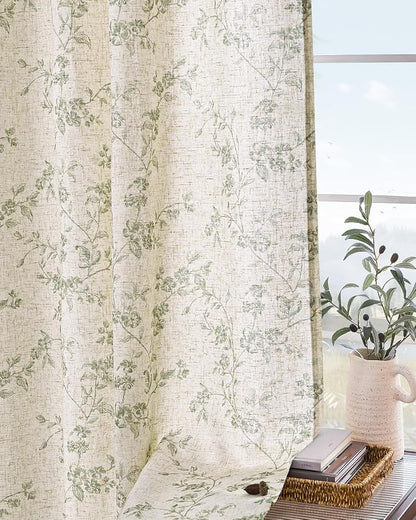 Extra Long Green Vintage Floral Linen Curtains Farmhouse 2 Panels | Elisa Series - Image 9