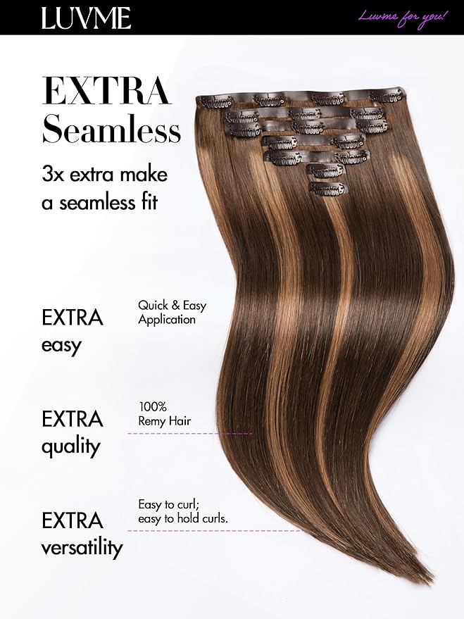 LUVME Straight Seamless 110g 7Pcs Clip in Hair Extensions Full Max with 24inch Remy Human Hair Extensions, Highlight Color 100% Real Soft