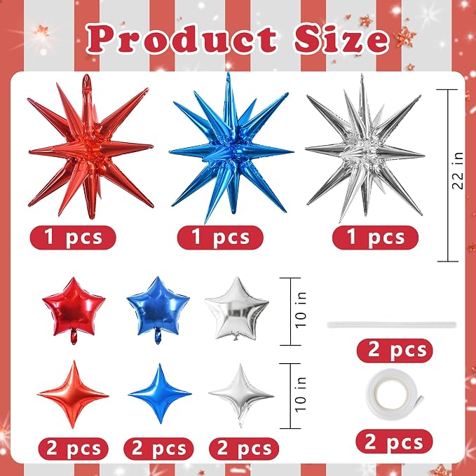TONIFUL 22Inch 15Pcs Red Blue Silver Explosion Star Balloons and 10Inch Four - Image 2