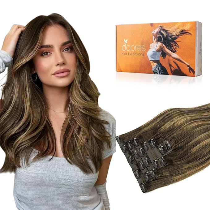 DOORES Seamless Clip in Hair Extensions Real Human Hair, Chocolate Brown to Caramel Blonde 18 Inch 110g 7pcs, Extensions Skin Weft Remy Straight Invisi Edge Weft