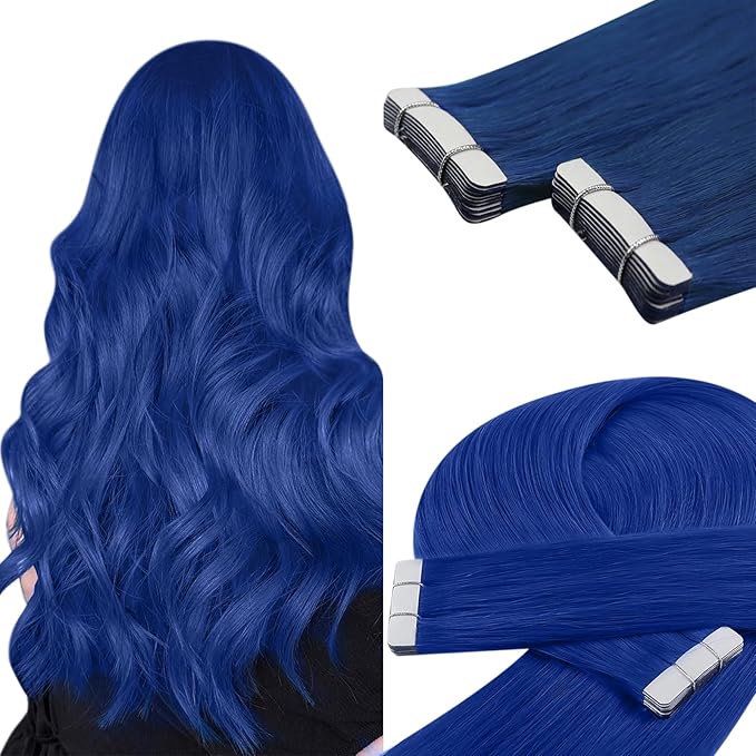 YoungSee Tape in Hair Extensions Real Human Hair Blue Invisible Tape in Human Hair Extensions Blue 14 Inch Seamless Tapes Hair-Extensions Colored 10pcs 25g Prom Night Hair Extension