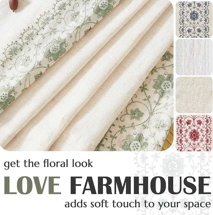 jinchan Floral Linen Curtains Embroidered Back Tab 50x84in 2 Panels Sage | - Image 5