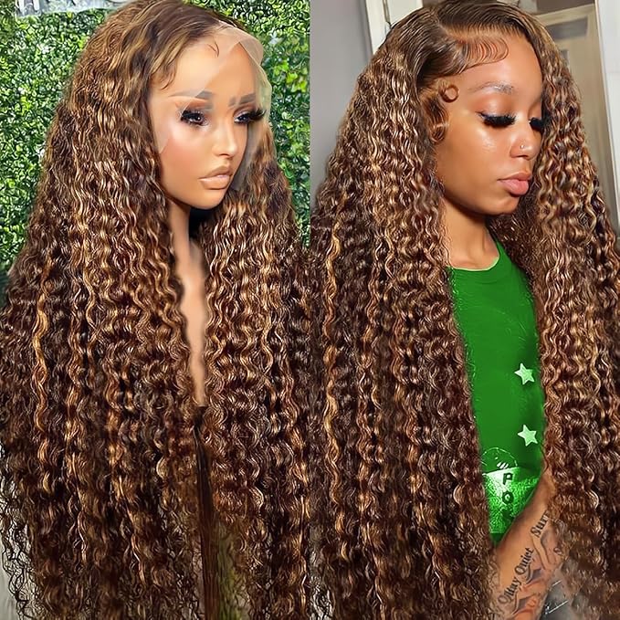 30inch 13x6 Highlight Ombre Deep Wave Lace Front Wigs Human Hair Pre Plucked 210% Density P4/27 Highlight Curly HD Transparent Lace Frontal Wigs with Baby Hair Wet and Wavy Human Hair Wig