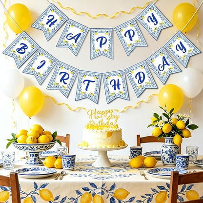 Lemon Happy Birthday Banner Blue Tiles Lemon Party Banner Triangle Flags Sign - Image 8
