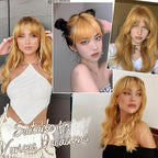 BARSDAR Human Hair Clip in Bangs - Real Human Hair Clip in Bangs for Women - Golden Blonde French Bangs Extensions Fringe with Temples Dyeable Real Hair Bangs Hairpieces - Dark Golden Blonde