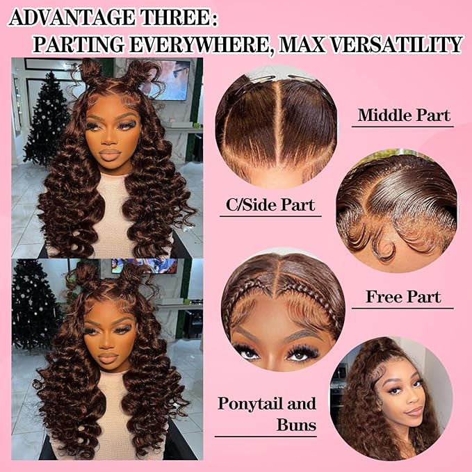 MEIMEI 250% Density HD Full Lace Front Wigs Human Hair Loose Deep Wave Chocolate Brown 15A Grade Real Full Large Lace Space Brown 13x4 Loose Wave Lace Frontal Wigs Human Hair Pre Plucked 34 Inch