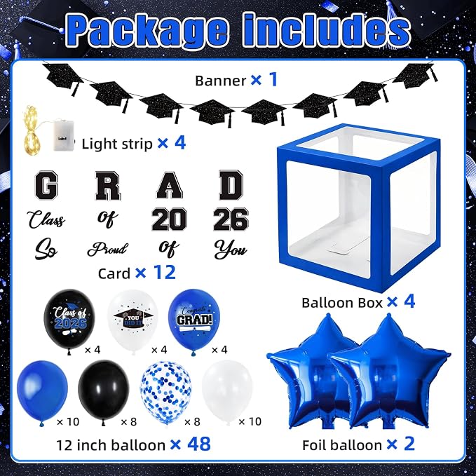 2026 Graduation Decorations Include String LED, Glitter Banner, 4 Blue Balloon - Image 2