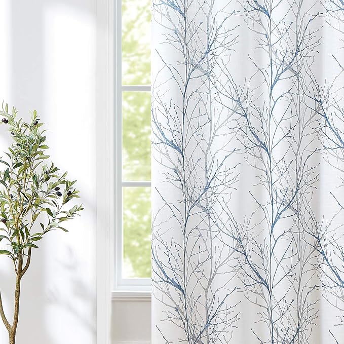 FMFUNCTEX Linen Blue White Semi Sheer Patio Curtains 84 Inch Long 1 Panel | - Image 5
