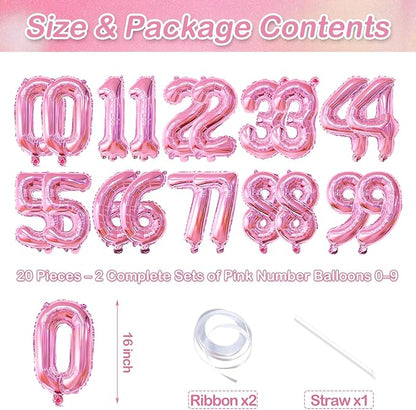 20 Pieces 2 Sets of 16 Inch Pink Number 0-9 Balloons – Foil Mylar Balloons - Image 2
