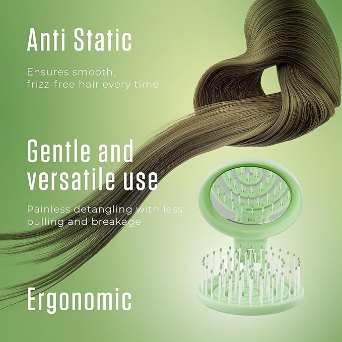 Mini Detangler Travel Hair Brush with Mirror, Makaron Hair Brushes for Women, Men and Kids, Unique 3D Flexible Design for All Hair Types, Styling Accessory, Travel Essentials for Women (GREEN)