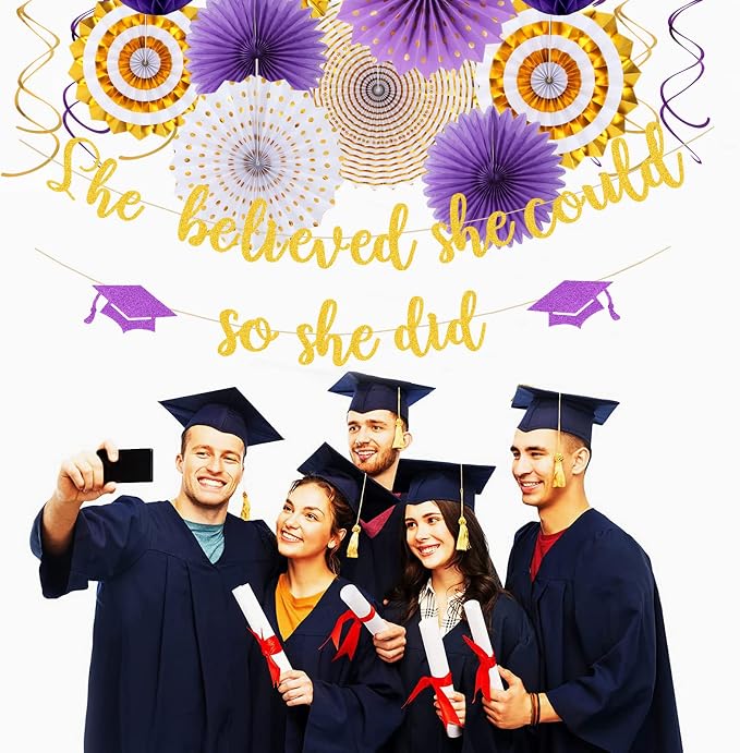 Purple-Gold White Party-Decorations Graduation Banner-Streamers - Image 4