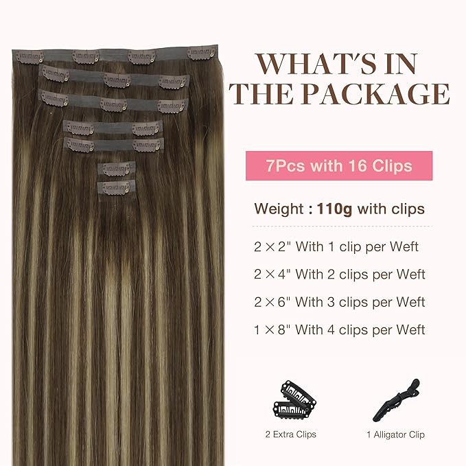 GOO GOO Clip in Hair Extensions Real Human Hair, Remy Human Hair Extensions Clip ins for Women, Natural Human Hair, 16inch 110g 7Pcs, 4/26/4 Balayage Chocolate Brown to Honey Blonde