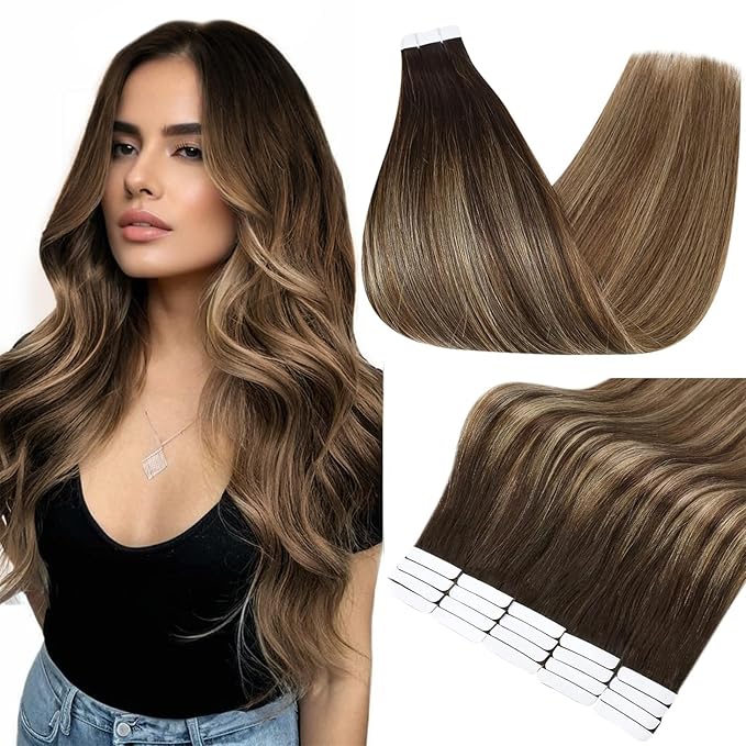 Full Shine Tape in Hair Extensions Human Hair Remy Hair 18 Inch Tape Extensions Color 2 Fading to 3 and 27 Caramel Blonde Balayage 50g Human Hair Extensions Tape Ins 20 PCS for Party