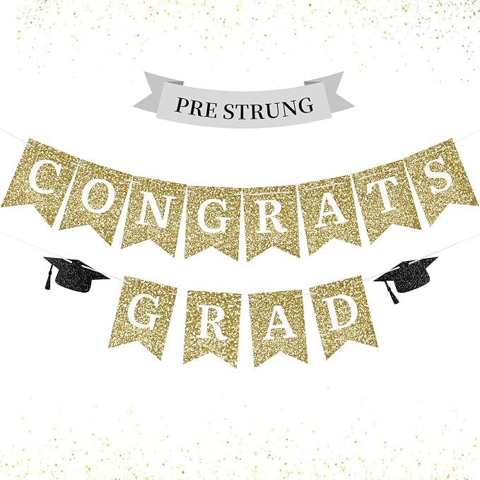Congrats Grad Banner Gold Glitter Pre-Strung Congrats Grad Sign Decorations - by youthsnowgloves